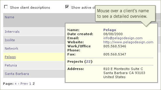 Intervals Project Management Software Update: Client Overview on Hover