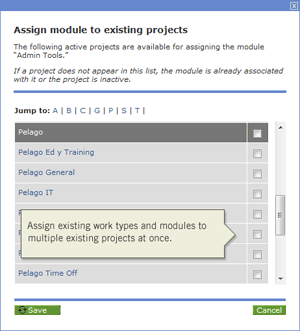 Assign modules and worktypes to existing managed projects