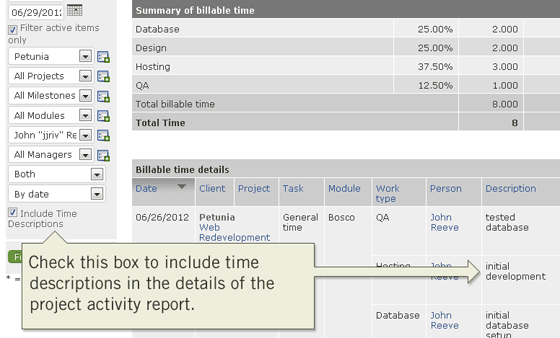 Include time tracking descriptions in the project activity report