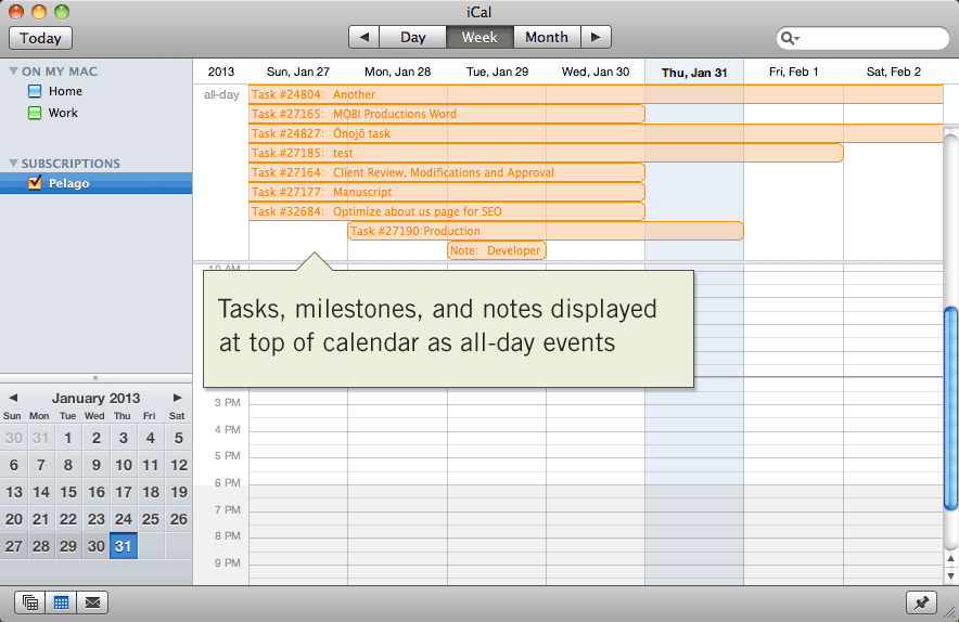 Intervals milestones, tasks, and notes displayed as all-day events in Apple iCal