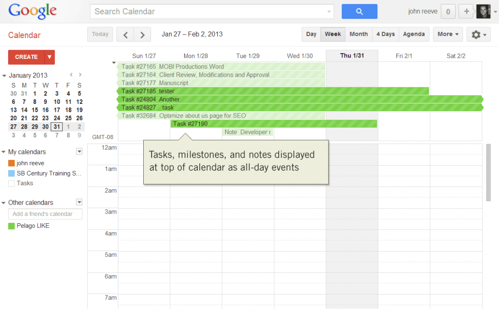 Intervals tasks, milestones, and notes displayed in Google Calendar