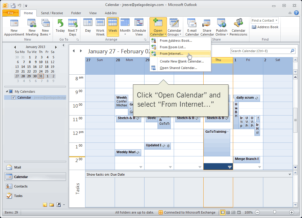 Open calendar from Internet in Outlook