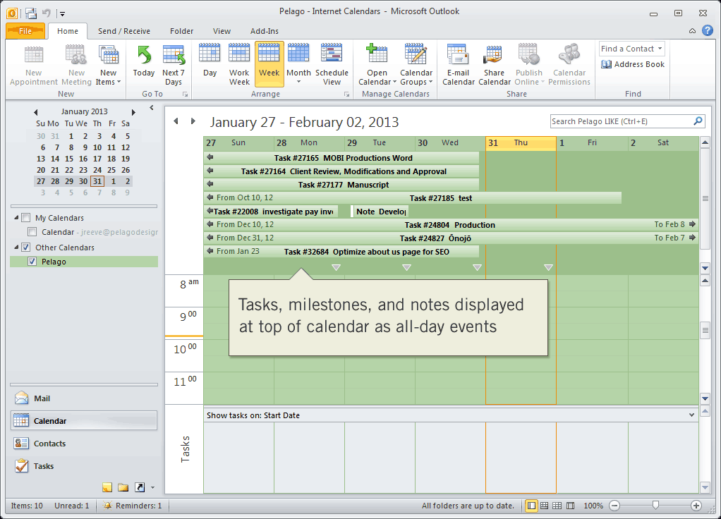 Intervals tasks, milestones, and notes displayed in Outlook