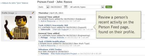 Person Feed ~ view recent project, milesone, task activity for a person