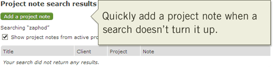 Add project note from search results page