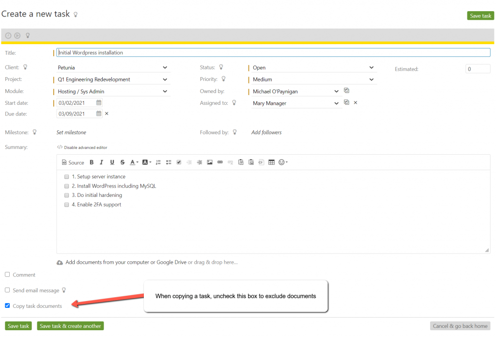 Exclude documents when copying a task