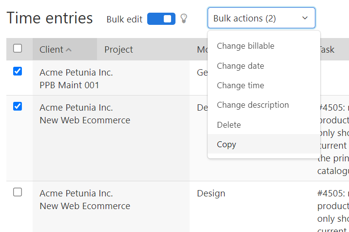 Screenshot showing how to copy multiple time entries 