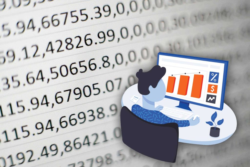 Illustration showing spreadsheet numbers and a person sitting at a computer.