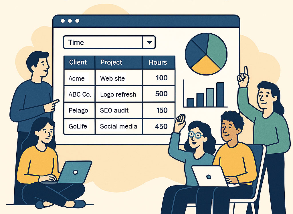 Illustration of a team grouped around a report