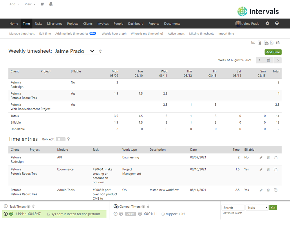 Screenshot of the Intervals time tracking software weekly timesheet