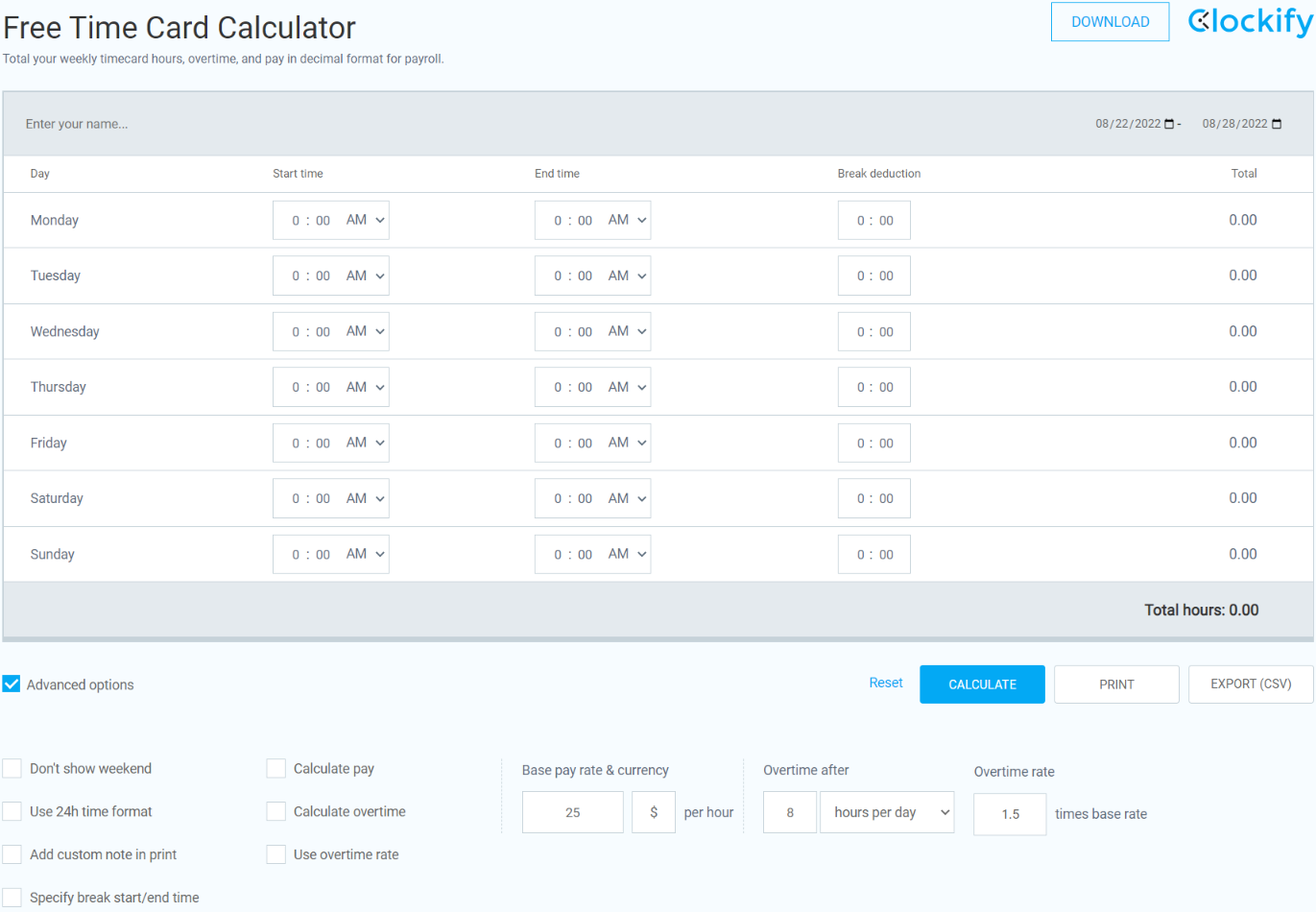 Free Time Card Calculator