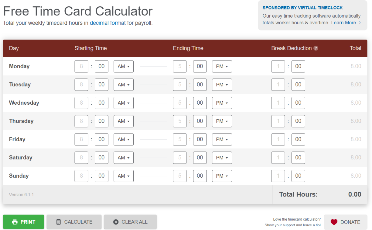 Free Time Card Calculator