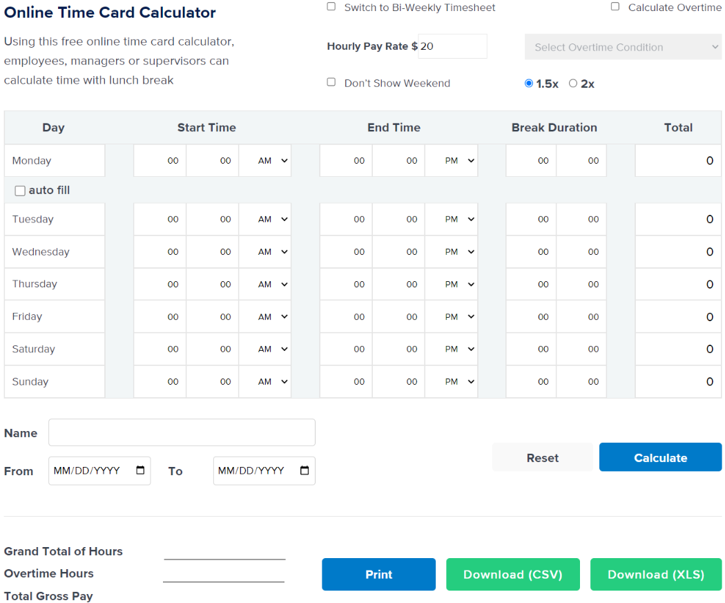 Online Time Card Calculator